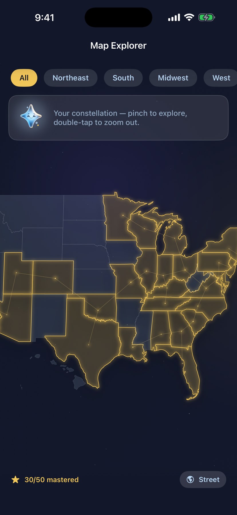 Stellar States U.S. capitals mastery map on iPhone