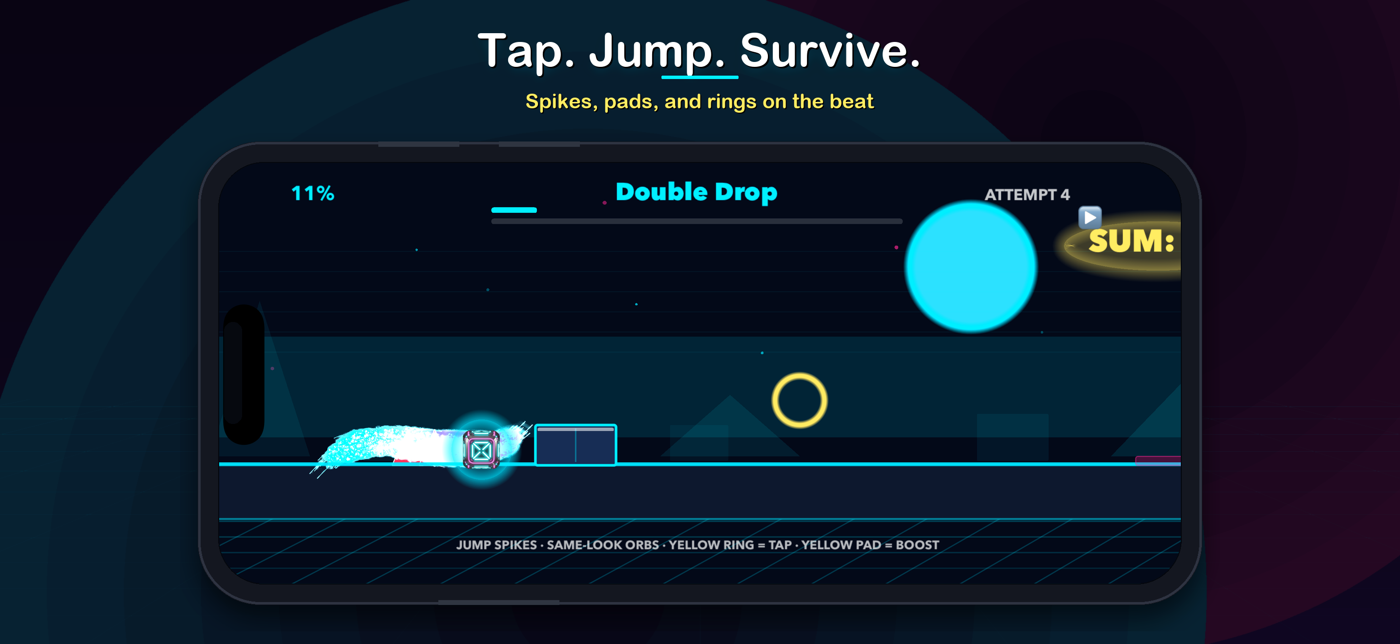 Neon rhythm dash gameplay in Synth Sum – jumping spikes on iPhone